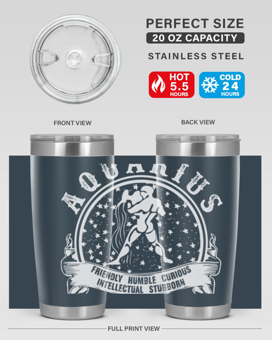 Aquarius 43# zodiac tumbler in stainless steel with a vibrant design, featuring a drink-thru lid and double wall vacuum insulation.