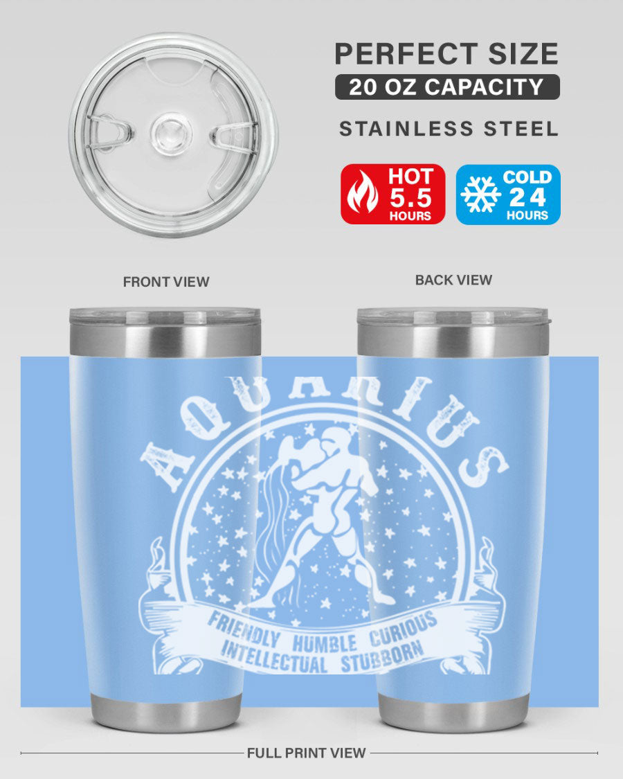 Aquarius 43# zodiac tumbler in stainless steel with a vibrant design, featuring a drink-thru lid and double wall vacuum insulation.