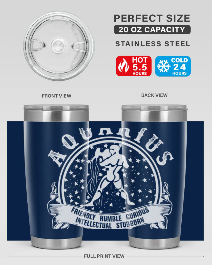 Aquarius 43# zodiac tumbler in stainless steel with a vibrant design, featuring a drink-thru lid and double wall vacuum insulation.