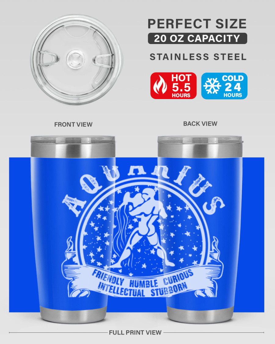 Aquarius 43# zodiac tumbler in stainless steel with a vibrant design, featuring a drink-thru lid and double wall vacuum insulation.