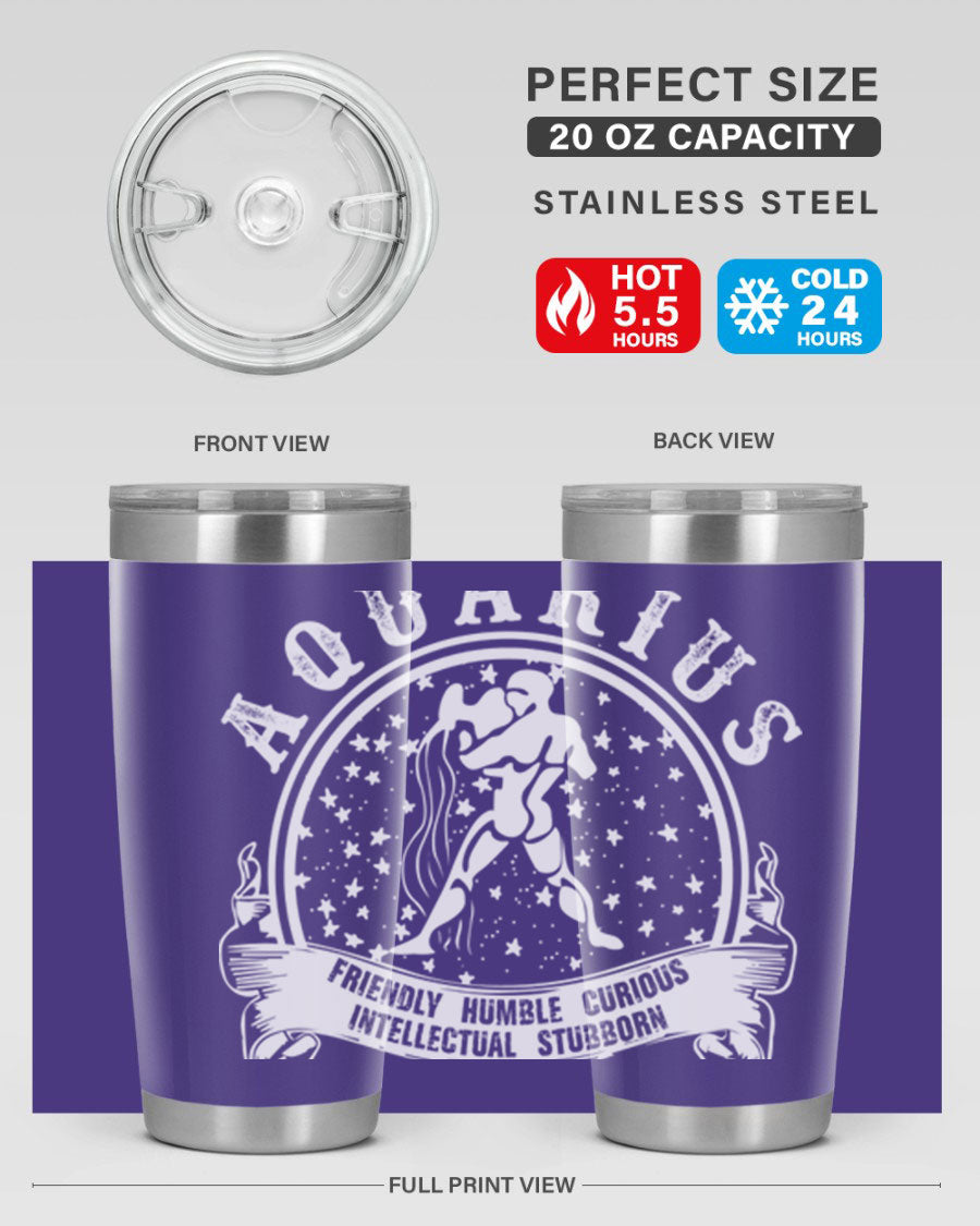 Aquarius 43# zodiac tumbler in stainless steel with a vibrant design, featuring a drink-thru lid and double wall vacuum insulation.