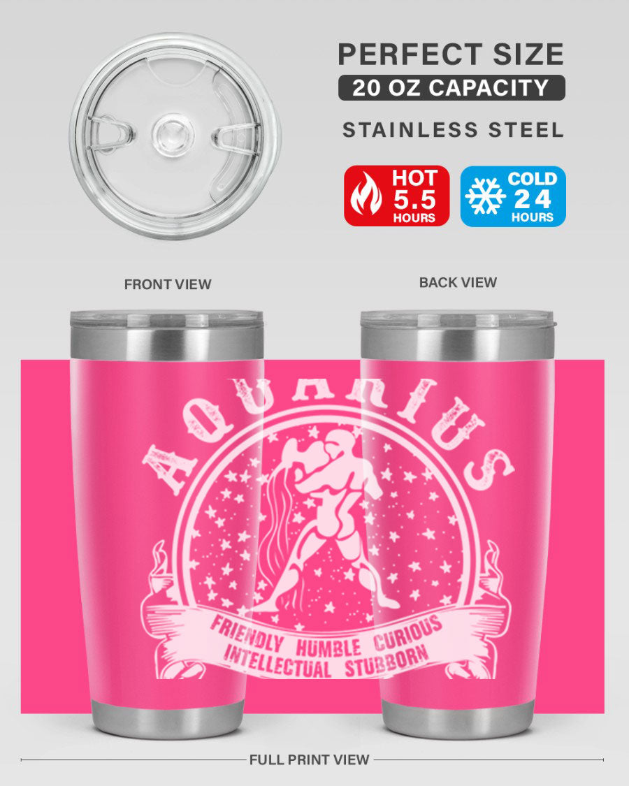 Aquarius 43# zodiac tumbler in stainless steel with a vibrant design, featuring a drink-thru lid and double wall vacuum insulation.