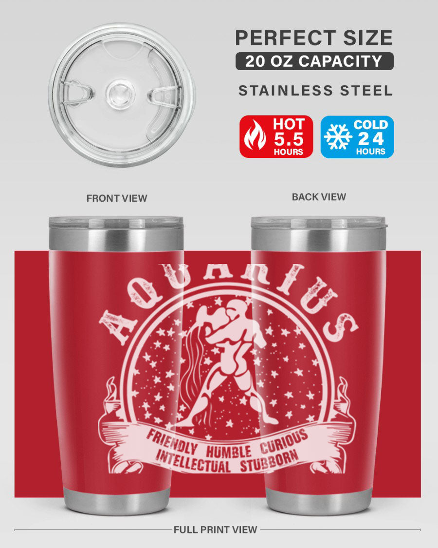 Aquarius 43# zodiac tumbler in stainless steel with a vibrant design, featuring a drink-thru lid and double wall vacuum insulation.