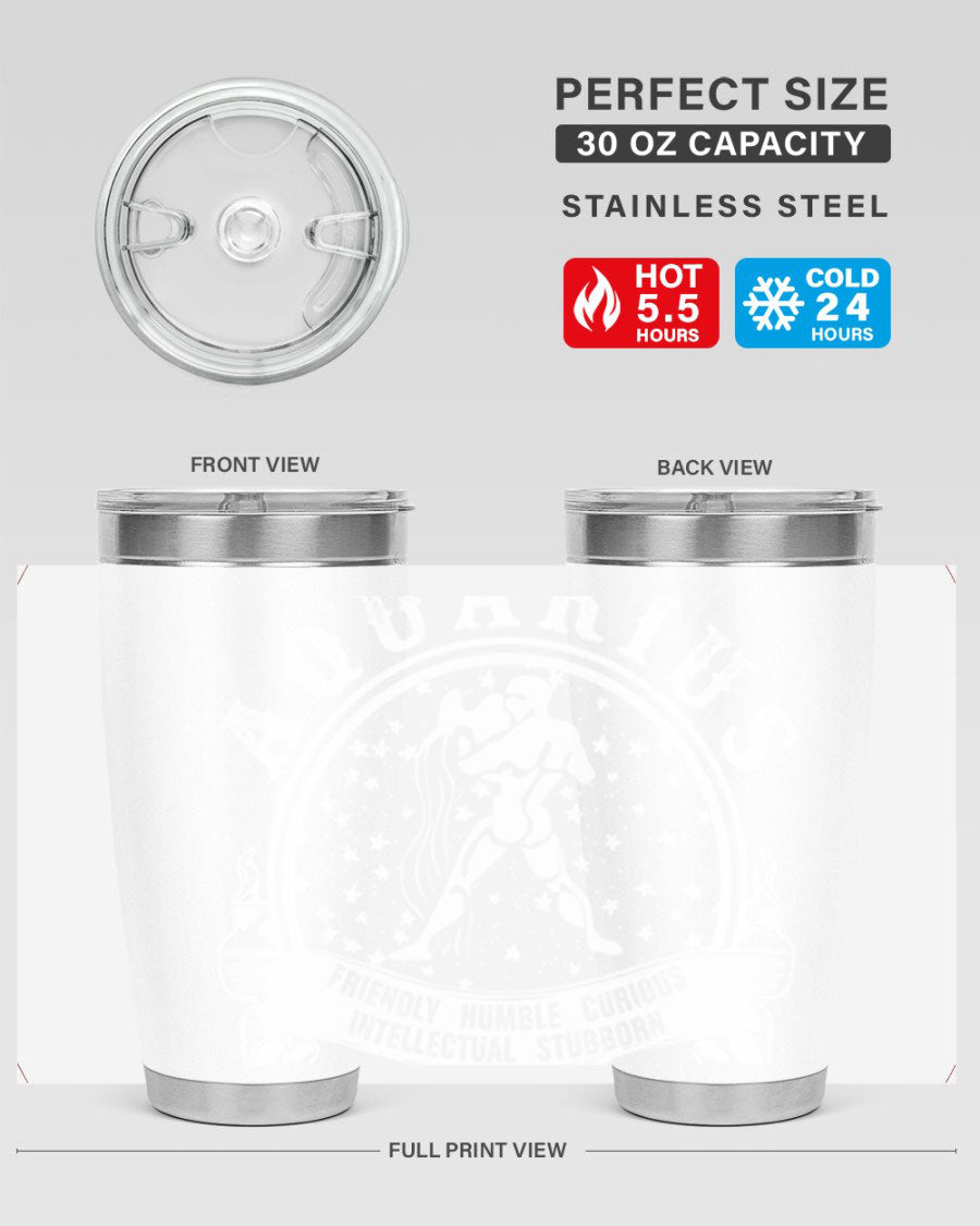 Aquarius 43# zodiac tumbler in stainless steel with a vibrant design, featuring a drink-thru lid and double wall vacuum insulation.
