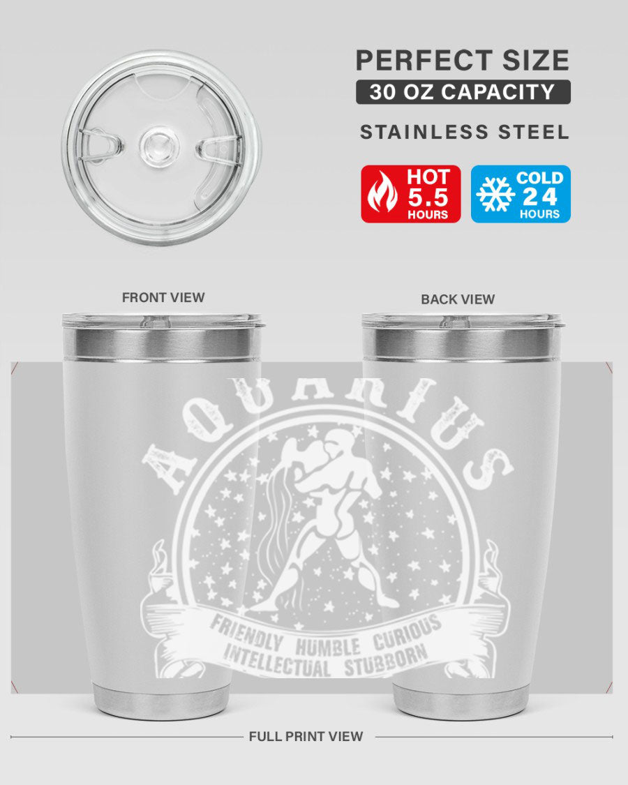 Aquarius 43# zodiac tumbler in stainless steel with a vibrant design, featuring a drink-thru lid and double wall vacuum insulation.