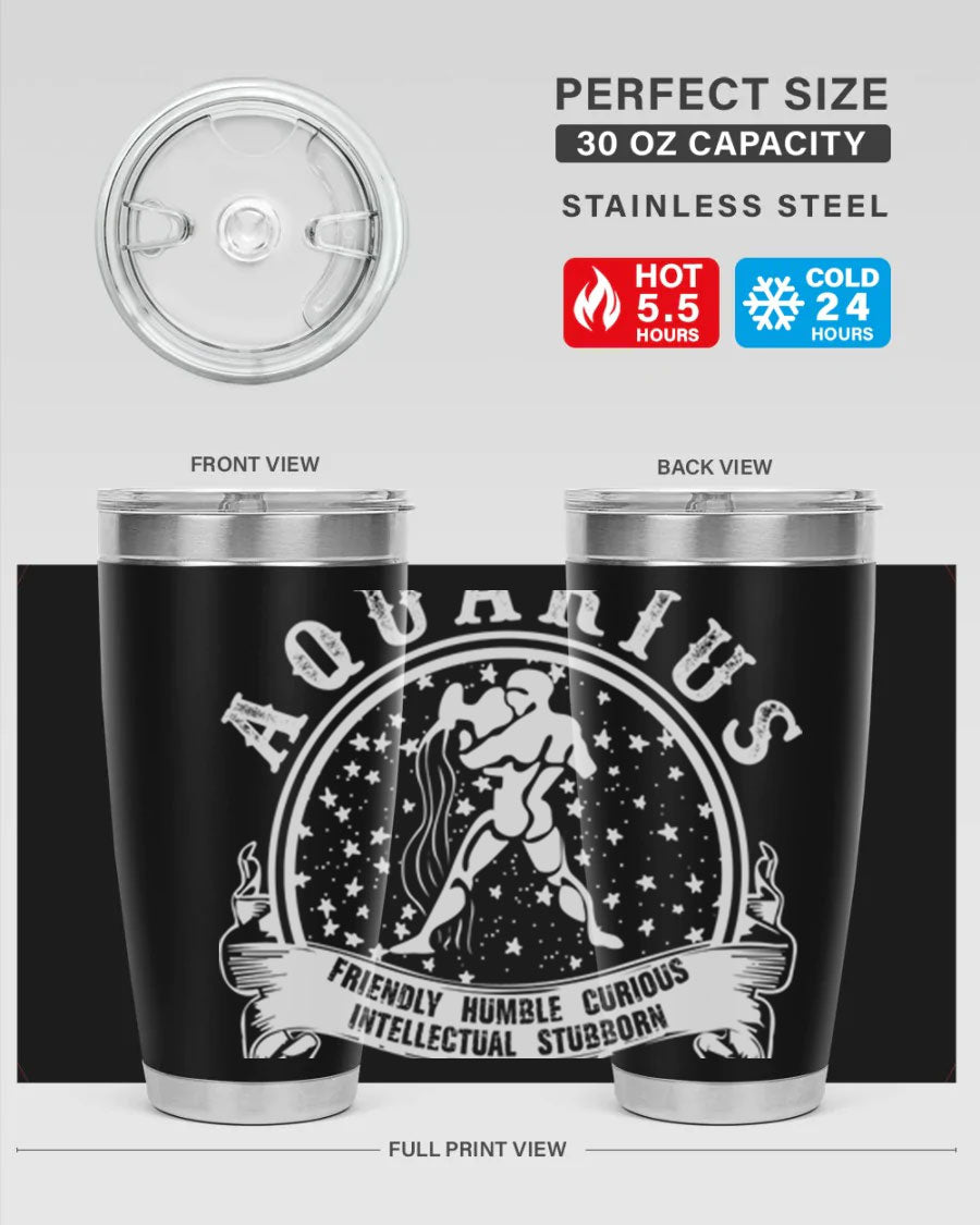Aquarius 43# zodiac tumbler in stainless steel with a vibrant design, featuring a drink-thru lid and double wall vacuum insulation.