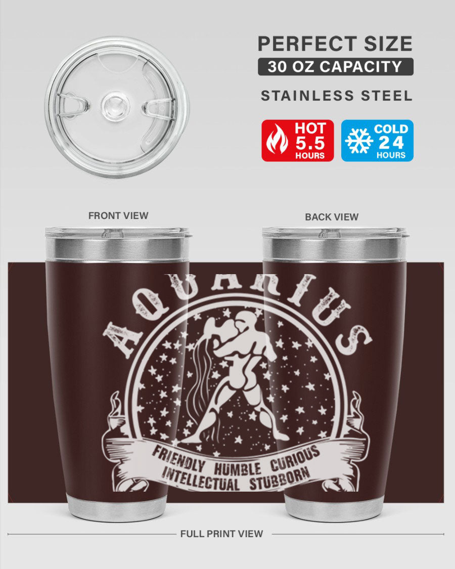 Aquarius 43# zodiac tumbler in stainless steel with a vibrant design, featuring a drink-thru lid and double wall vacuum insulation.