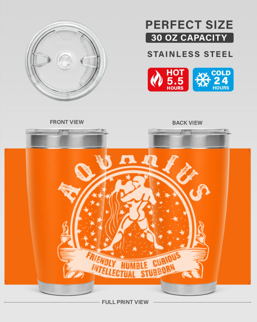 Aquarius 43# zodiac tumbler in stainless steel with a vibrant design, featuring a drink-thru lid and double wall vacuum insulation.
