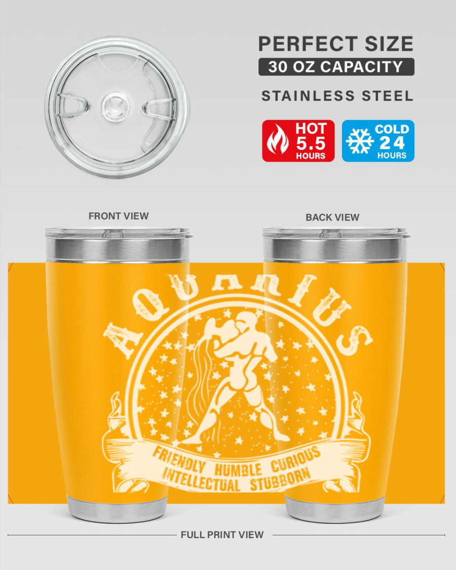 Aquarius 43# zodiac tumbler in stainless steel with a vibrant design, featuring a drink-thru lid and double wall vacuum insulation.