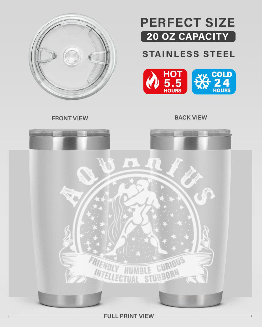 Aquarius 43# zodiac tumbler in stainless steel with a vibrant design, featuring a drink-thru lid and double wall vacuum insulation.