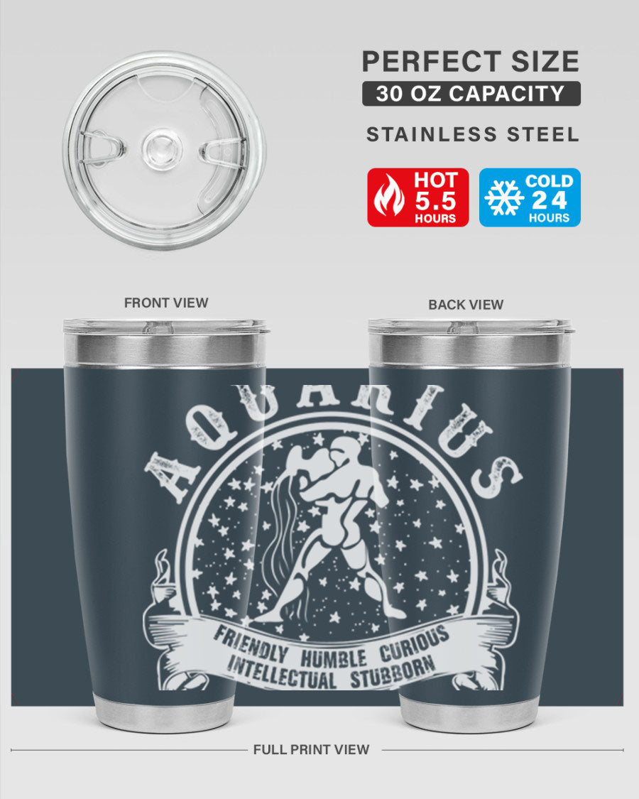 Aquarius 43# zodiac tumbler in stainless steel with a vibrant design, featuring a drink-thru lid and double wall vacuum insulation.