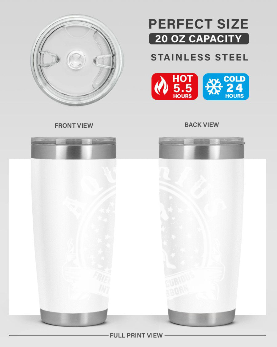 Aquarius 43# zodiac tumbler in stainless steel with a vibrant design, featuring a drink-thru lid and double wall vacuum insulation.