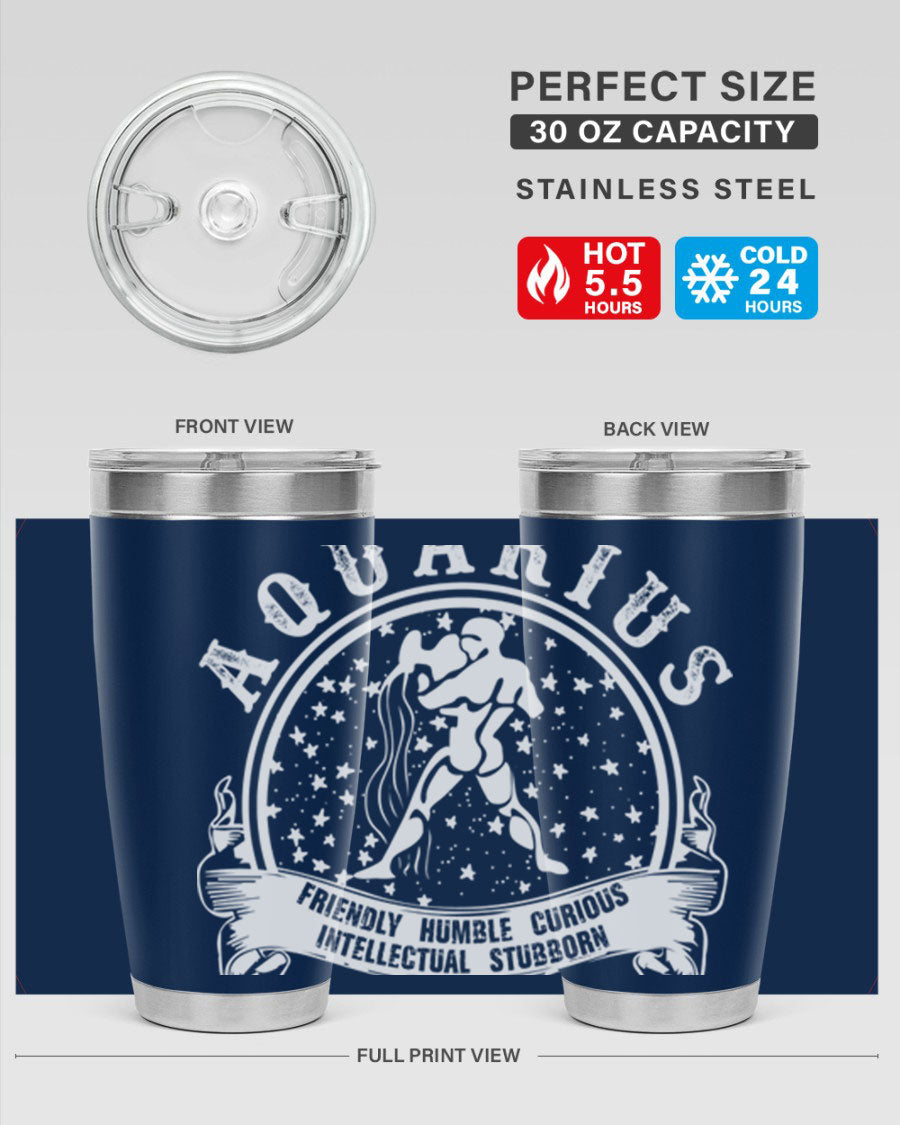Aquarius 43# zodiac tumbler in stainless steel with a vibrant design, featuring a drink-thru lid and double wall vacuum insulation.