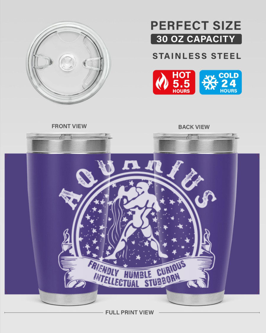 Aquarius 43# zodiac tumbler in stainless steel with a vibrant design, featuring a drink-thru lid and double wall vacuum insulation.