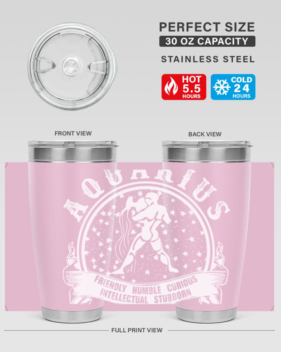 Aquarius 43# zodiac tumbler in stainless steel with a vibrant design, featuring a drink-thru lid and double wall vacuum insulation.
