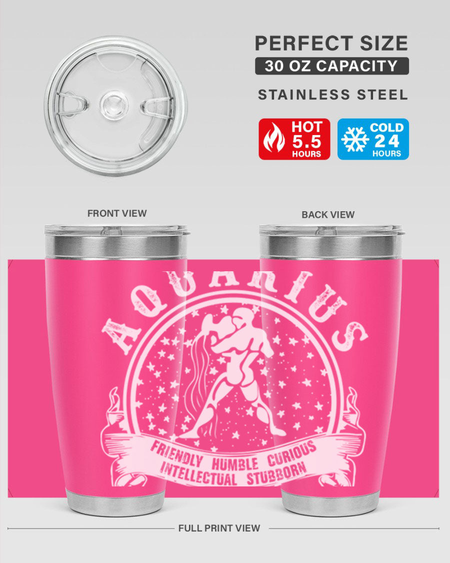 Aquarius 43# zodiac tumbler in stainless steel with a vibrant design, featuring a drink-thru lid and double wall vacuum insulation.