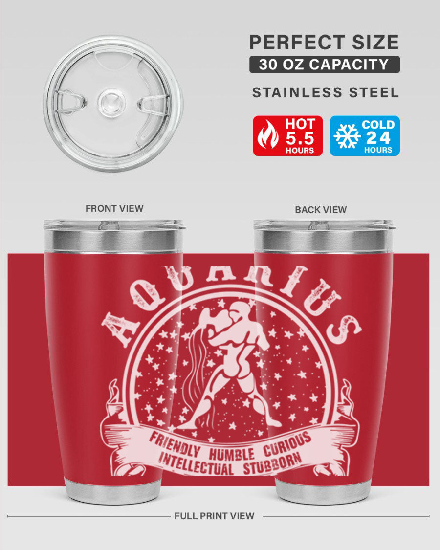 Aquarius 43# zodiac tumbler in stainless steel with a vibrant design, featuring a drink-thru lid and double wall vacuum insulation.
