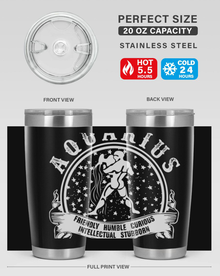 Aquarius 43# zodiac tumbler in stainless steel with a vibrant design, featuring a drink-thru lid and double wall vacuum insulation.