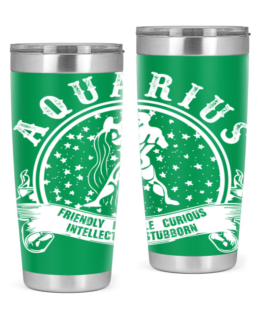 Aquarius 43# zodiac tumbler in stainless steel with a vibrant design, featuring a drink-thru lid and double wall vacuum insulation.