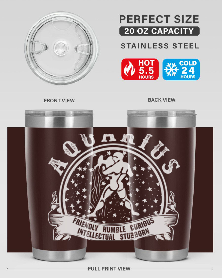 Aquarius 43# zodiac tumbler in stainless steel with a vibrant design, featuring a drink-thru lid and double wall vacuum insulation.