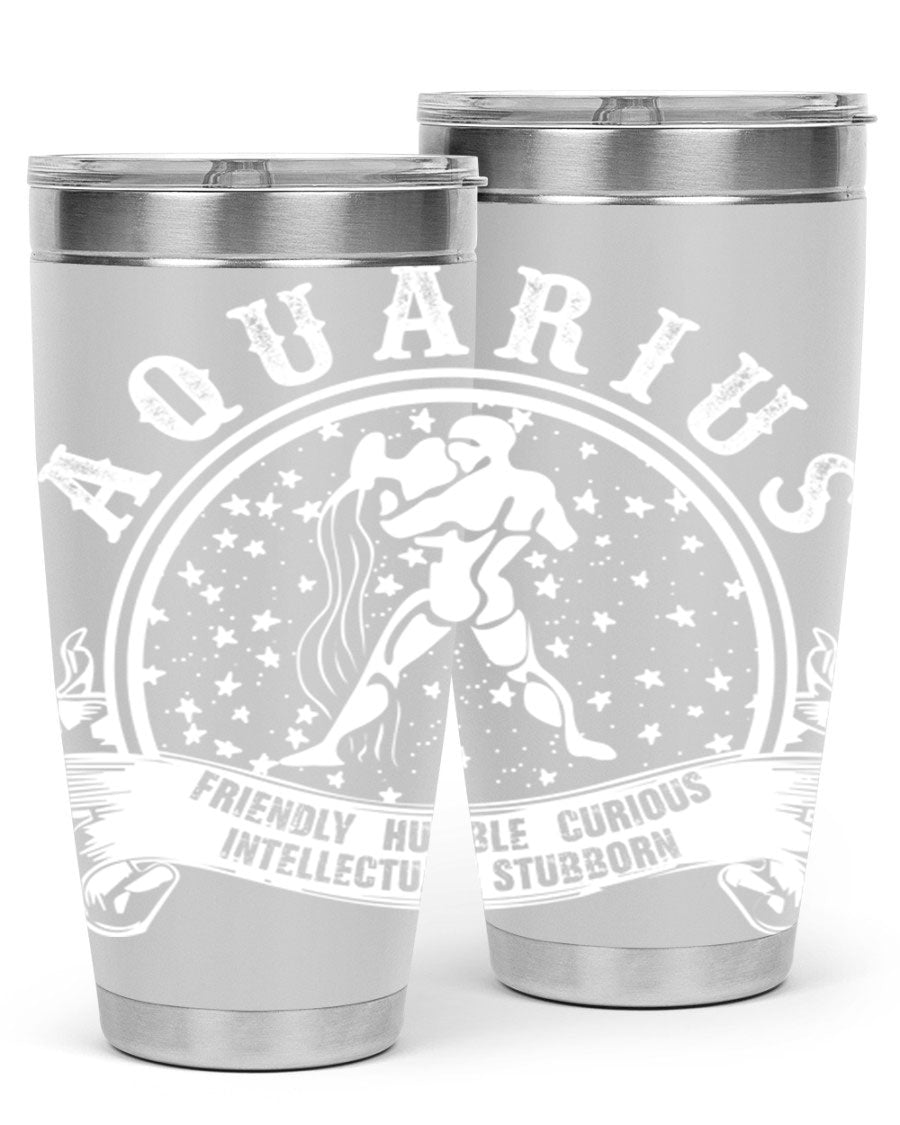 Aquarius 43# zodiac tumbler in stainless steel with a vibrant design, featuring a drink-thru lid and double wall vacuum insulation.