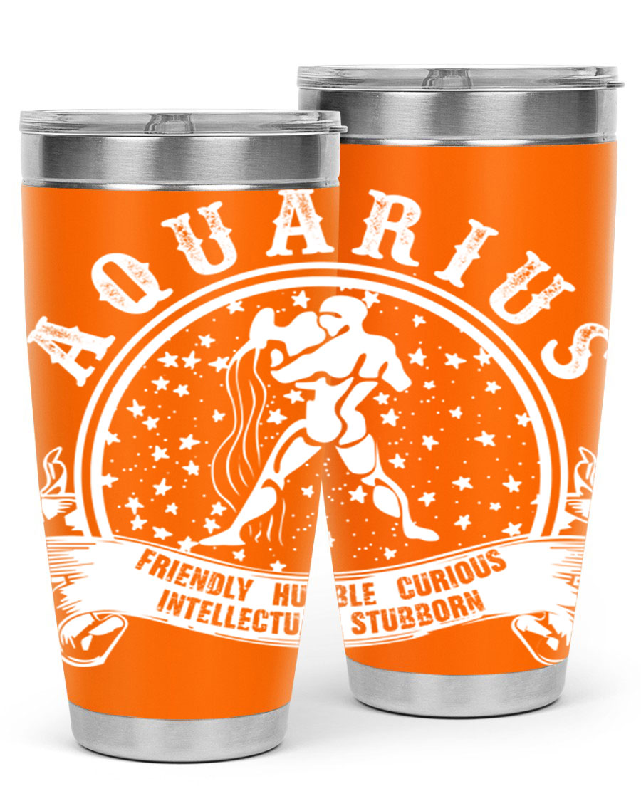 Aquarius 43# zodiac tumbler in stainless steel with a vibrant design, featuring a drink-thru lid and double wall vacuum insulation.