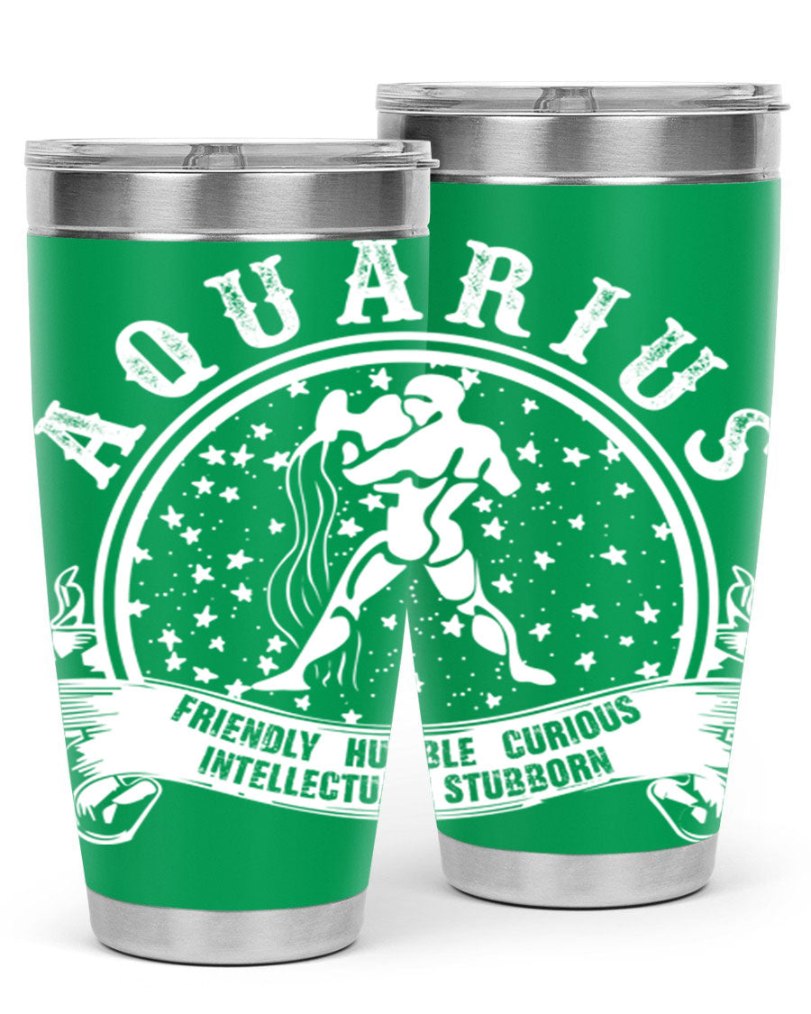 Aquarius 43# zodiac tumbler in stainless steel with a vibrant design, featuring a drink-thru lid and double wall vacuum insulation.