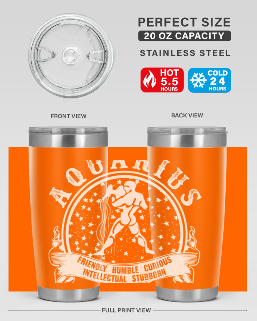 Aquarius 43# zodiac tumbler in stainless steel with a vibrant design, featuring a drink-thru lid and double wall vacuum insulation.