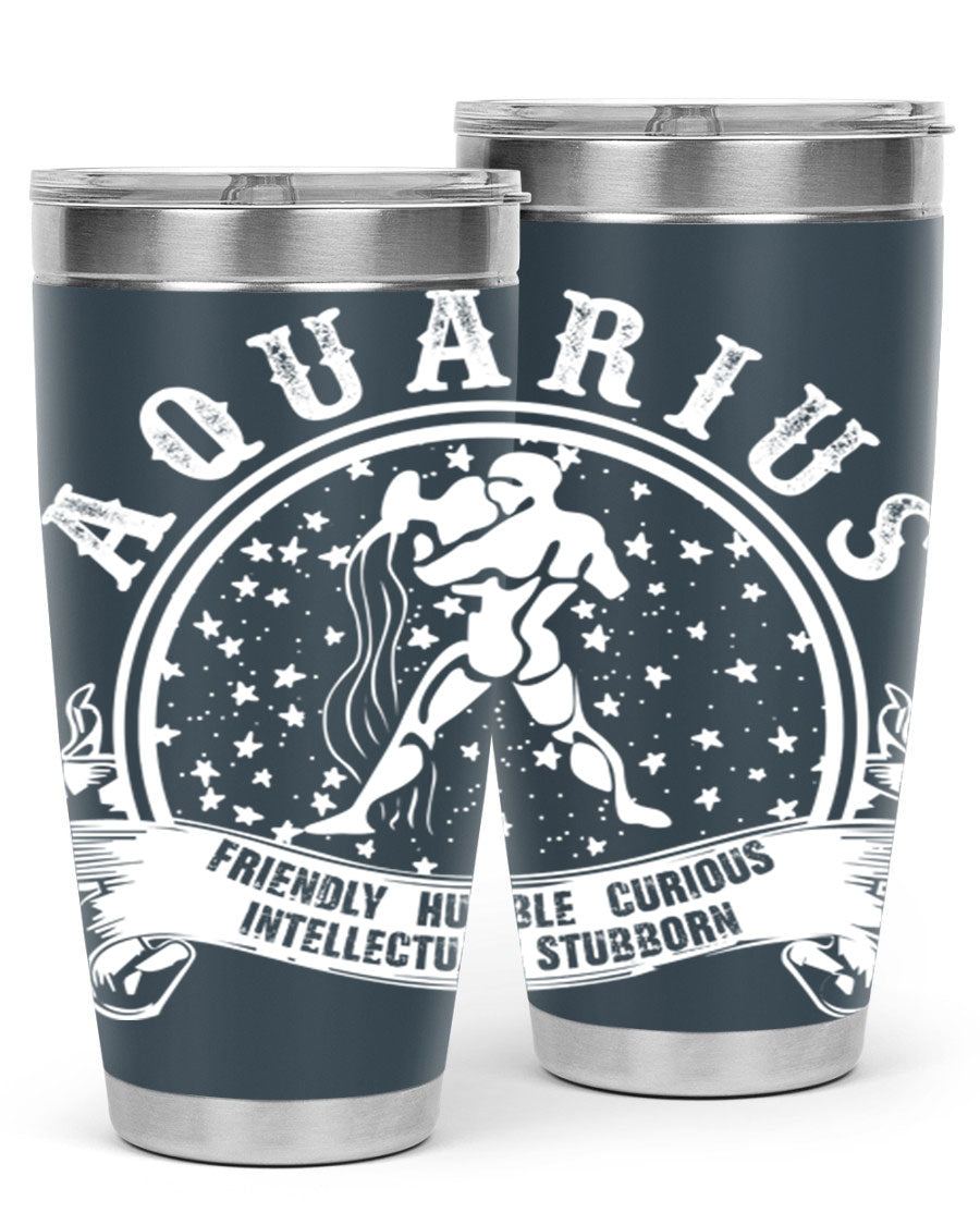 Aquarius 43# zodiac tumbler in stainless steel with a vibrant design, featuring a drink-thru lid and double wall vacuum insulation.