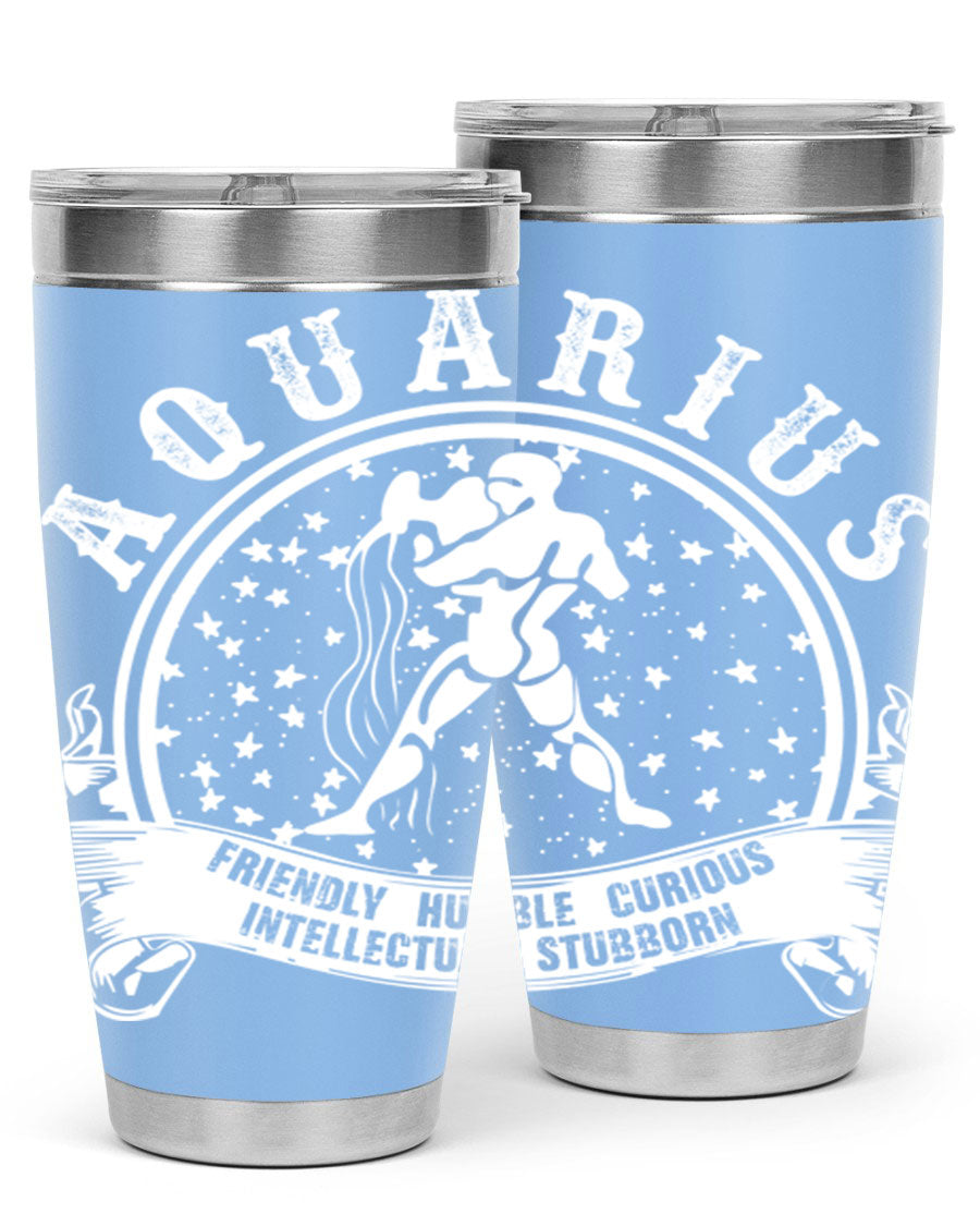 Aquarius 43# zodiac tumbler in stainless steel with a vibrant design, featuring a drink-thru lid and double wall vacuum insulation.