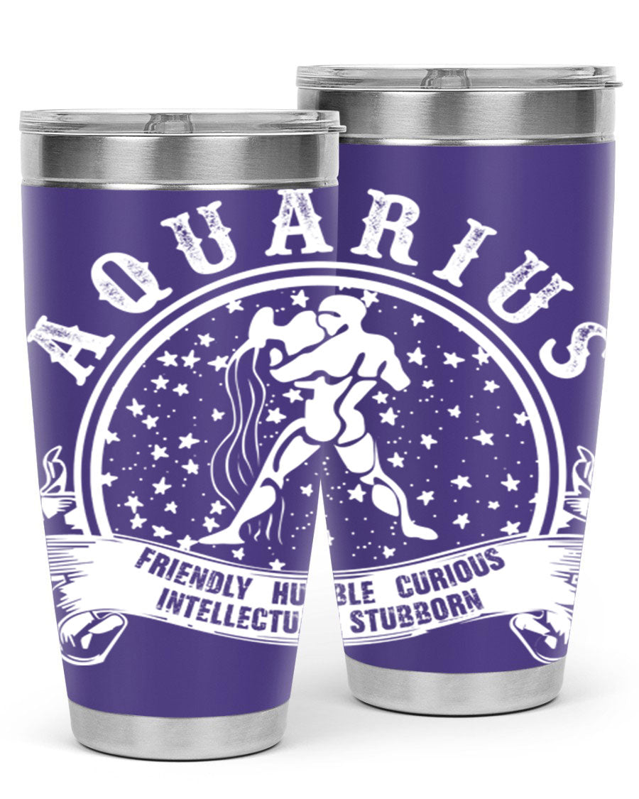 Aquarius 43# zodiac tumbler in stainless steel with a vibrant design, featuring a drink-thru lid and double wall vacuum insulation.