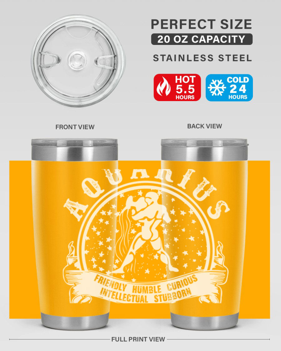 Aquarius 43# zodiac tumbler in stainless steel with a vibrant design, featuring a drink-thru lid and double wall vacuum insulation.