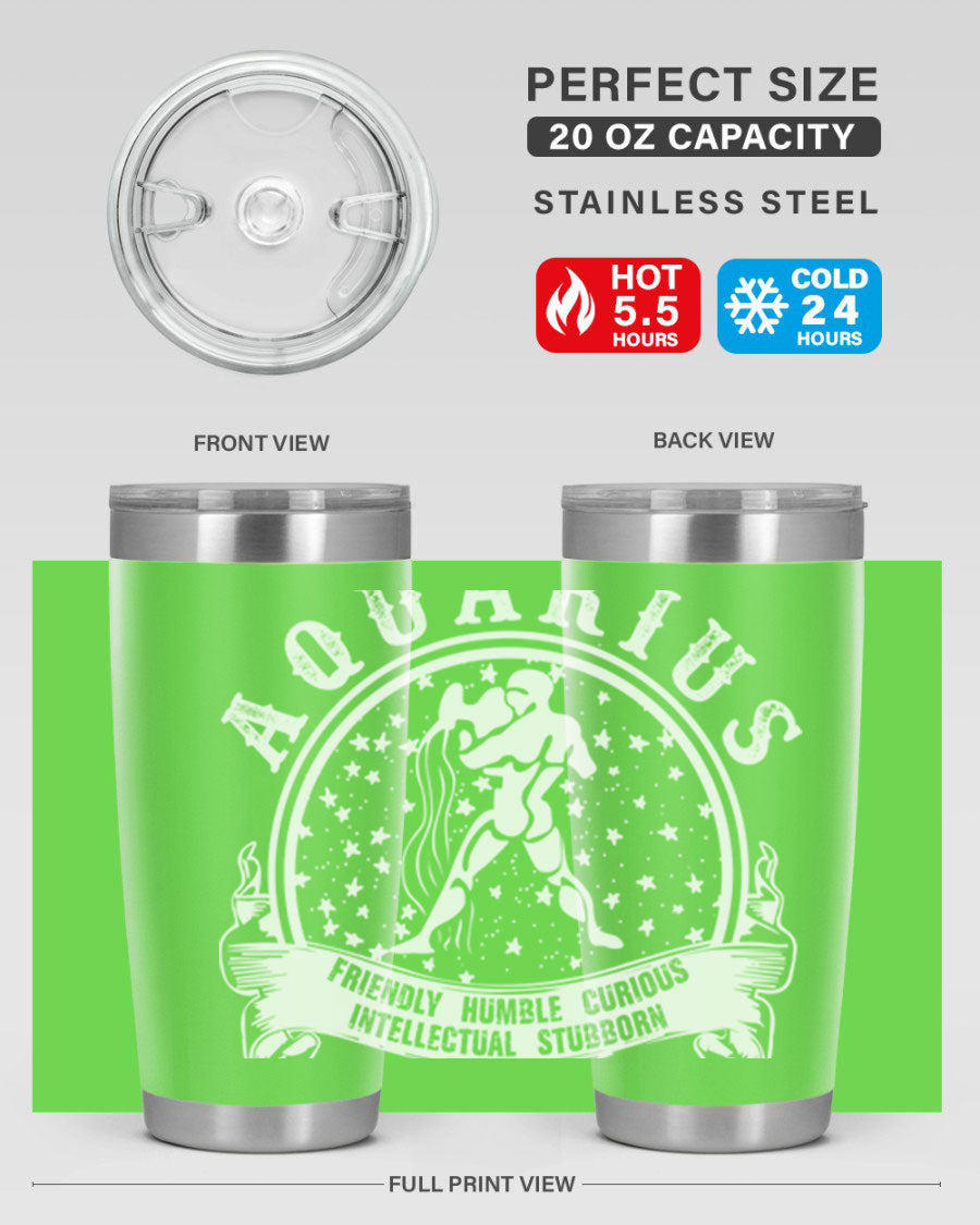 Aquarius 43# zodiac tumbler in stainless steel with a vibrant design, featuring a drink-thru lid and double wall vacuum insulation.