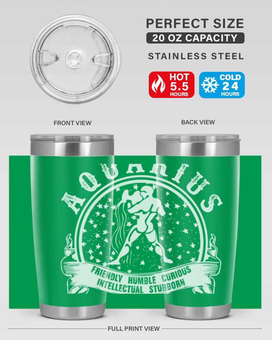 Aquarius 43# zodiac tumbler in stainless steel with a vibrant design, featuring a drink-thru lid and double wall vacuum insulation.
