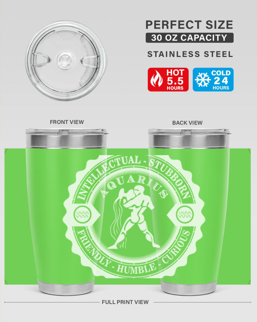 Aquarius 45# Zodiac Tumbler in stainless steel with a drink-thru lid, showcasing its stylish design and functionality.