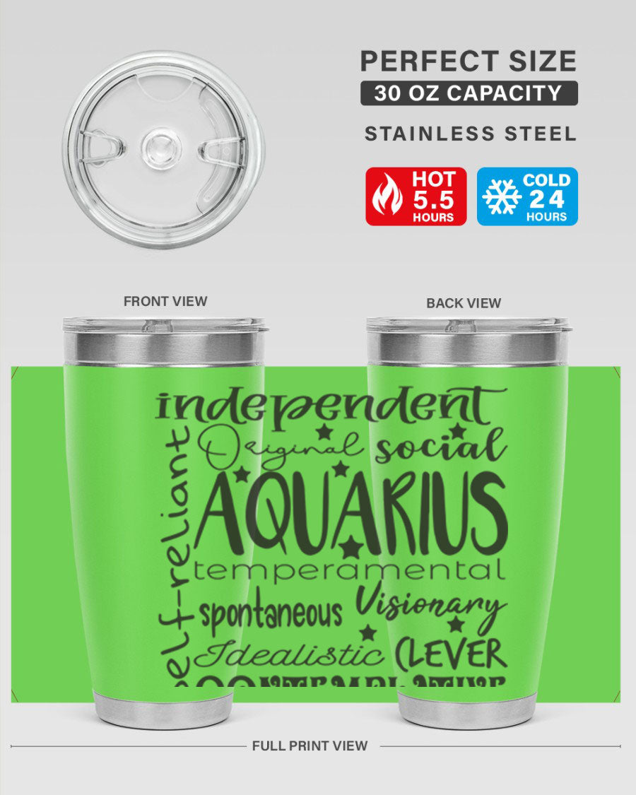 Aquarius 563# Tumbler in stainless steel with a sleek design, featuring a press-in lid and vibrant zodiac print.