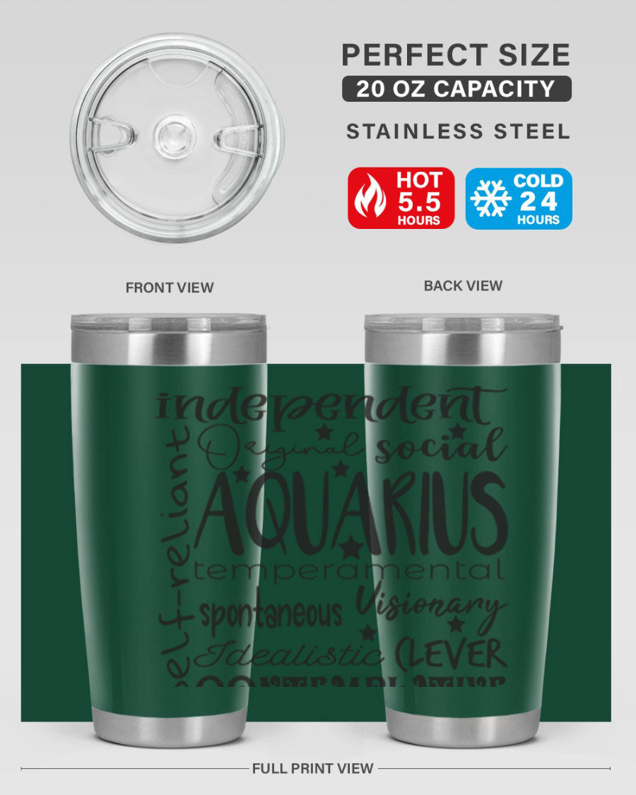 Aquarius 563# Tumbler in stainless steel with a sleek design, featuring a press-in lid and vibrant zodiac print.