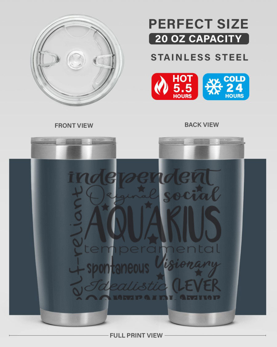 Aquarius 563# Tumbler in stainless steel with a sleek design, featuring a press-in lid and vibrant zodiac print.