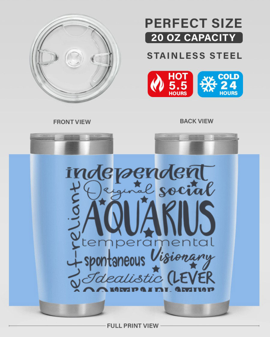 Aquarius 563# Tumbler in stainless steel with a sleek design, featuring a press-in lid and vibrant zodiac print.