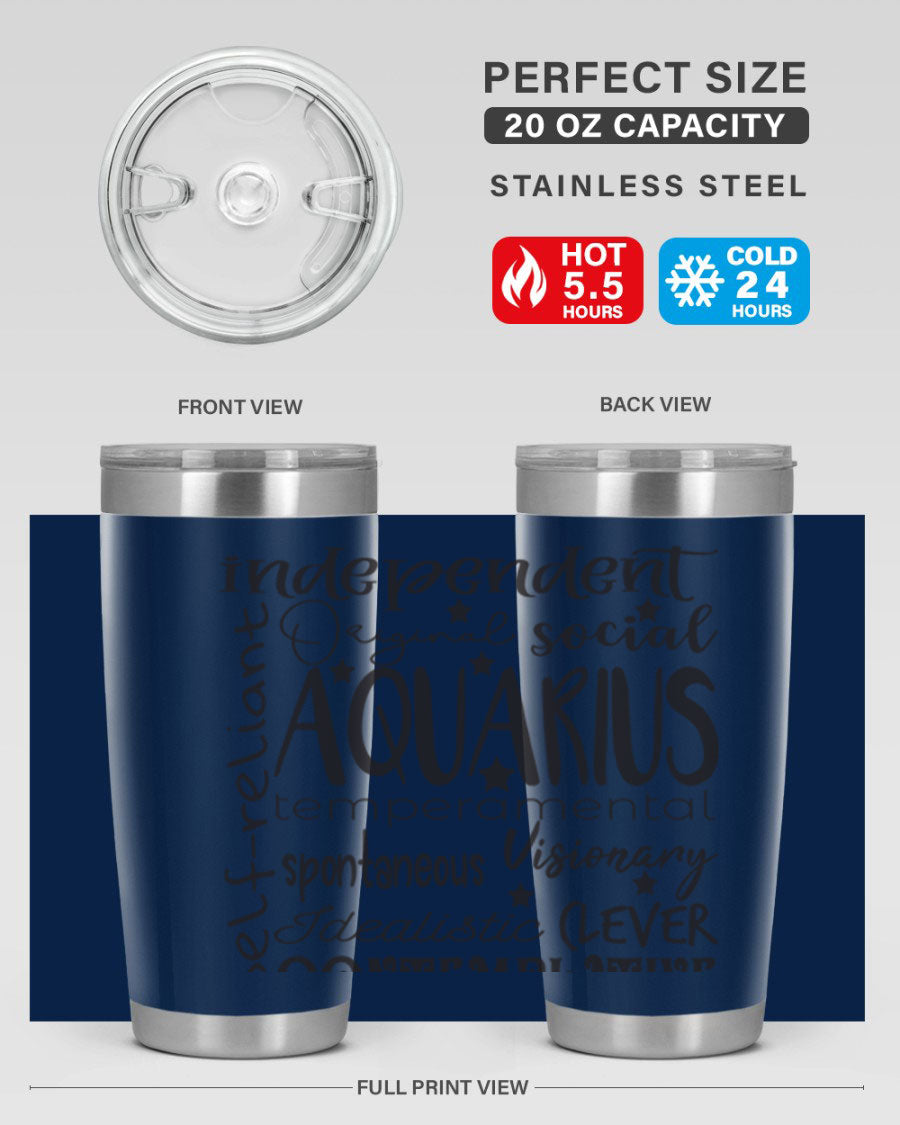 Aquarius 563# Tumbler in stainless steel with a sleek design, featuring a press-in lid and vibrant zodiac print.