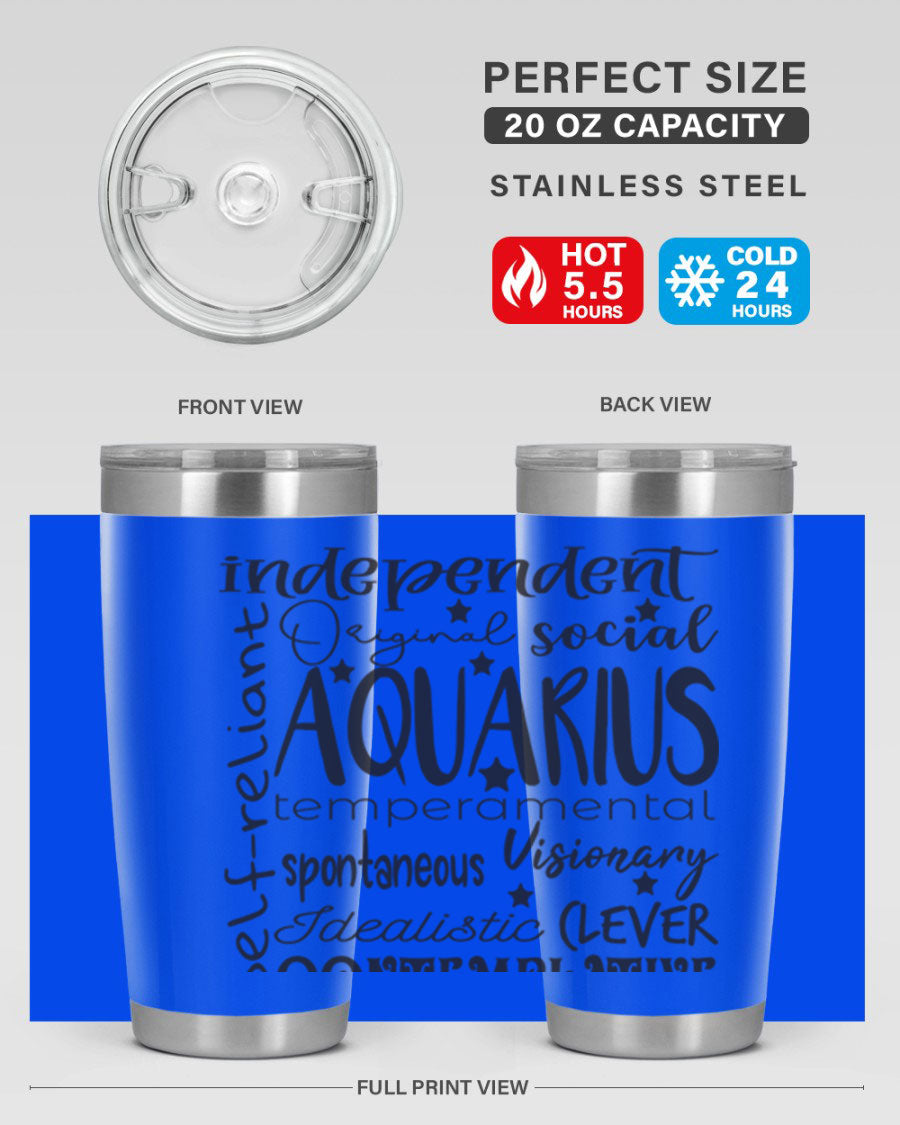 Aquarius 563# Tumbler in stainless steel with a sleek design, featuring a press-in lid and vibrant zodiac print.