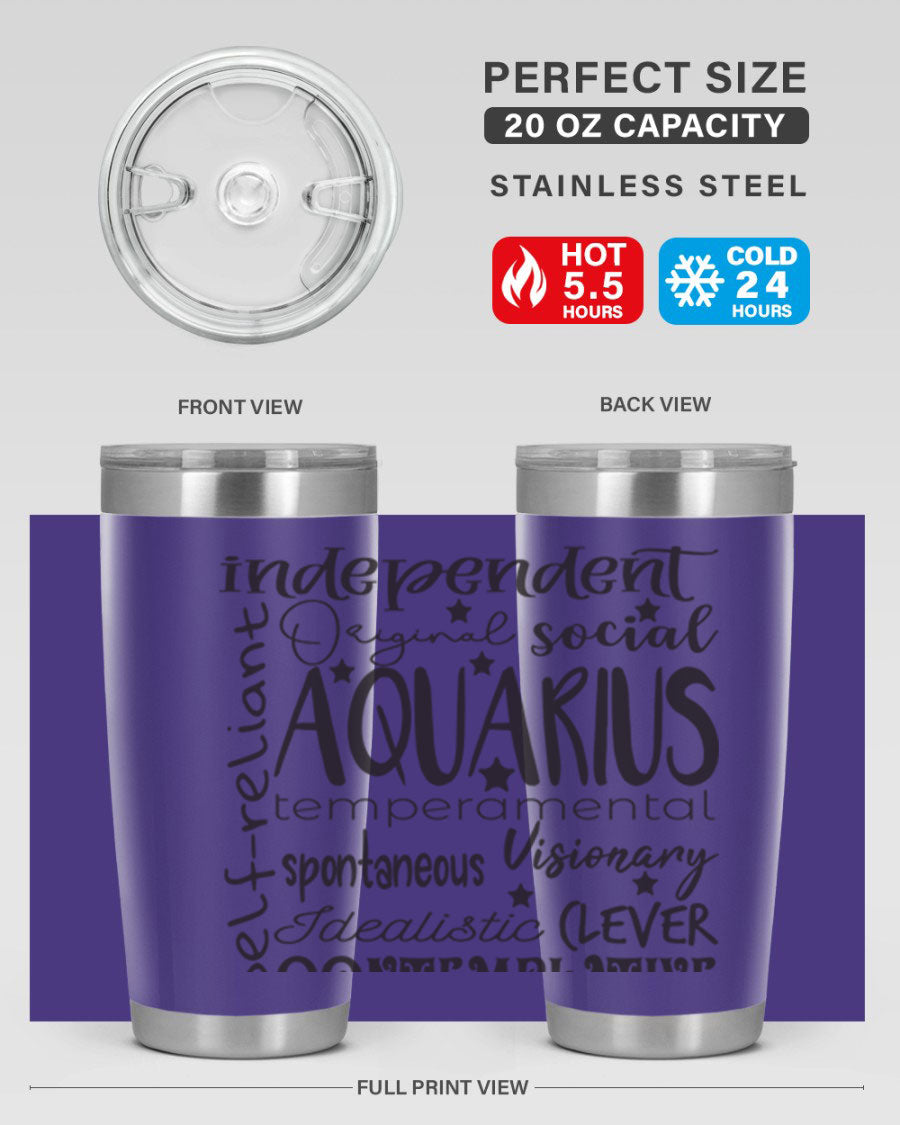 Aquarius 563# Tumbler in stainless steel with a sleek design, featuring a press-in lid and vibrant zodiac print.