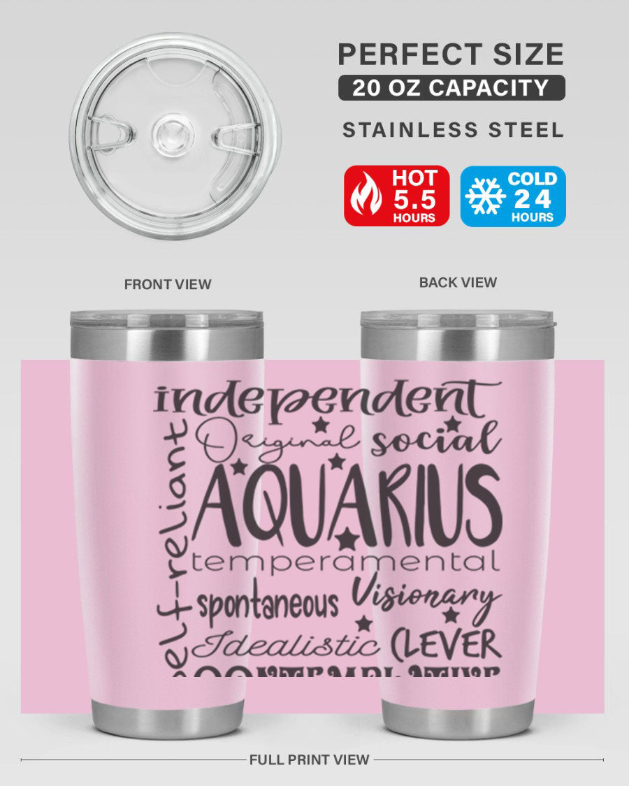 Aquarius 563# Tumbler in stainless steel with a sleek design, featuring a press-in lid and vibrant zodiac print.