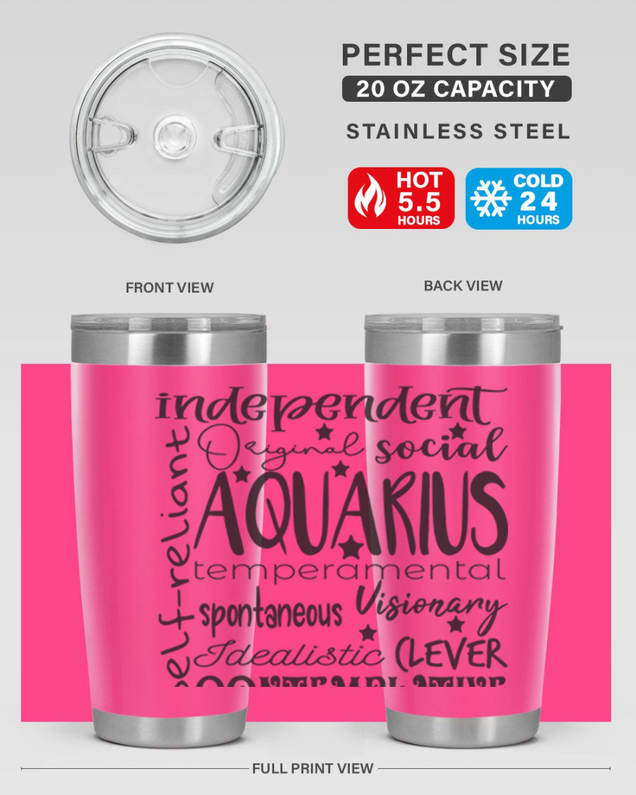 Aquarius 563# Tumbler in stainless steel with a sleek design, featuring a press-in lid and vibrant zodiac print.