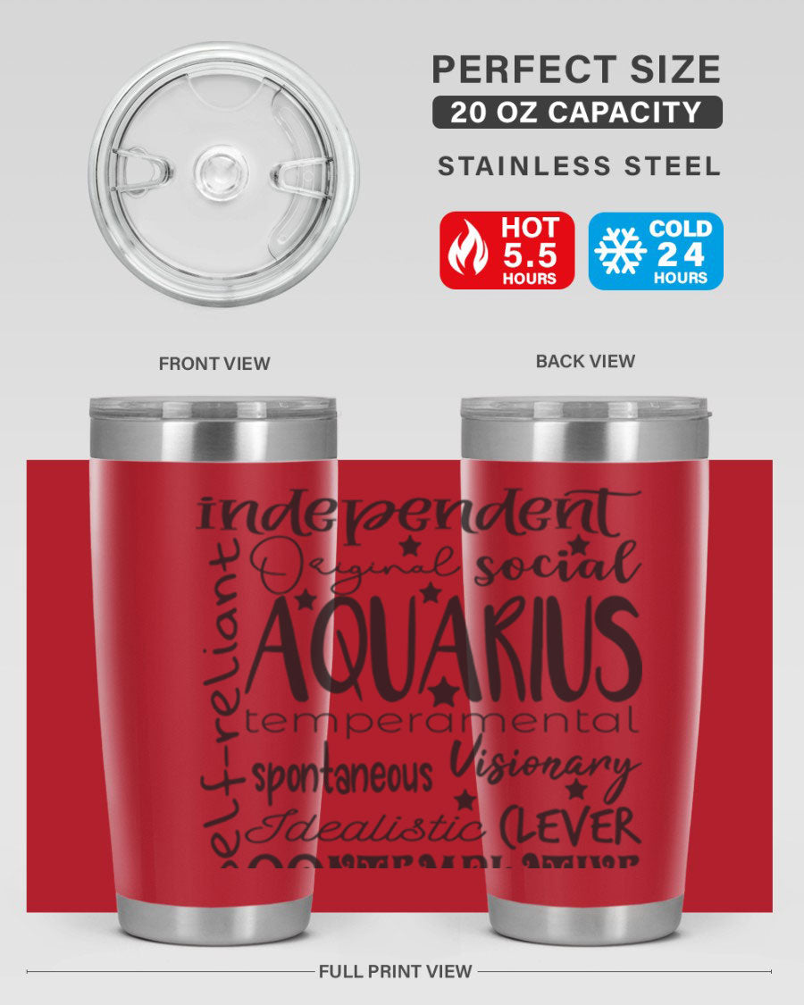 Aquarius 563# Tumbler in stainless steel with a sleek design, featuring a press-in lid and vibrant zodiac print.