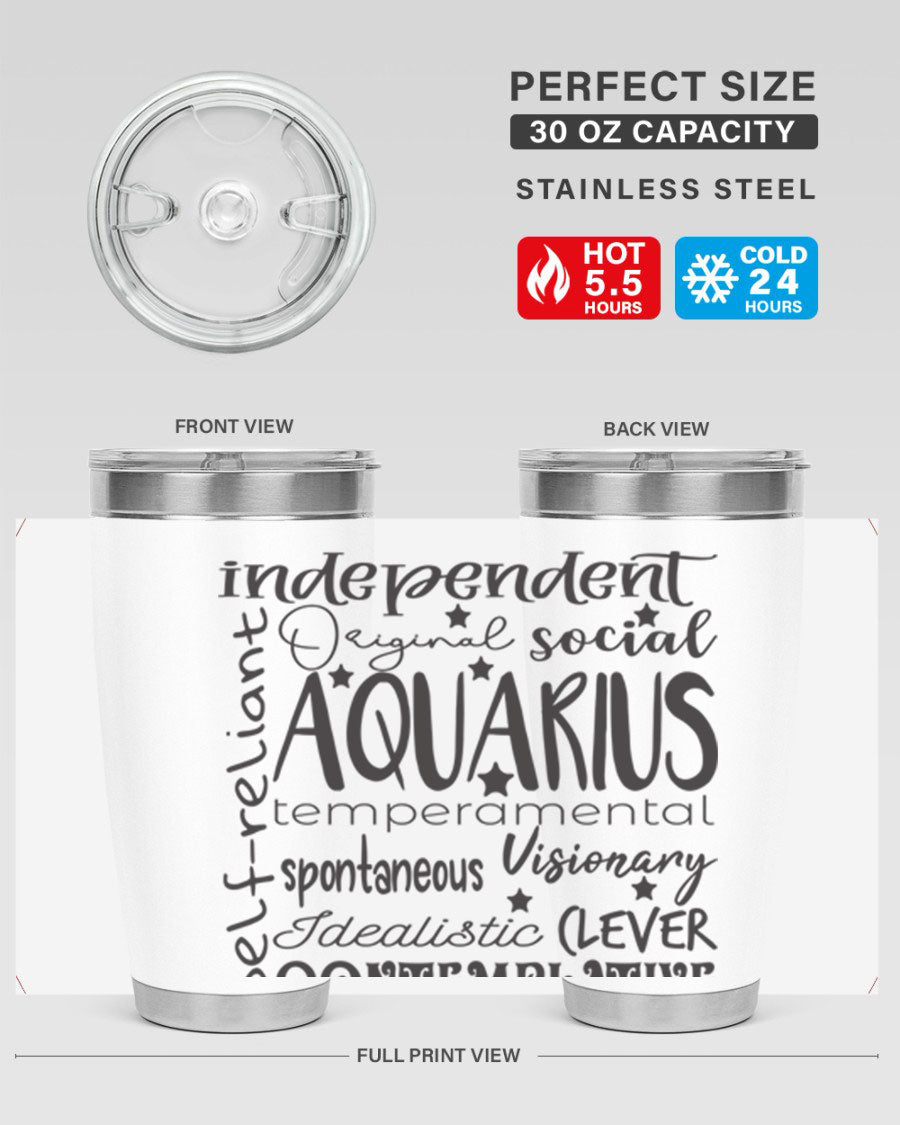 Aquarius 563# Tumbler in stainless steel with a sleek design, featuring a press-in lid and vibrant zodiac print.