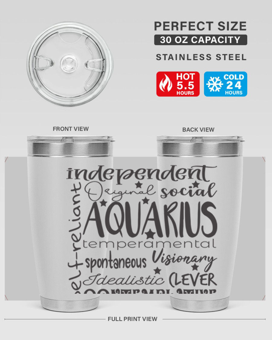 Aquarius 563# Tumbler in stainless steel with a sleek design, featuring a press-in lid and vibrant zodiac print.