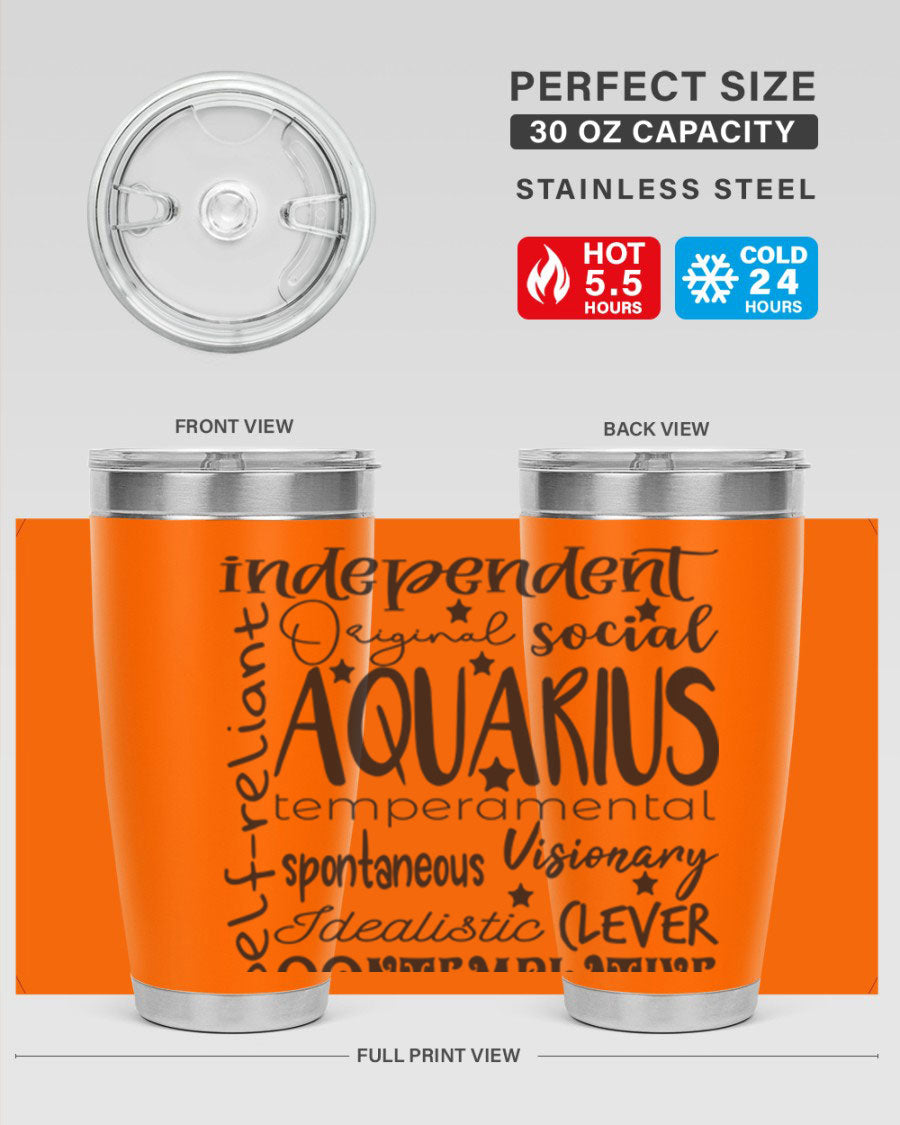 Aquarius 563# Tumbler in stainless steel with a sleek design, featuring a press-in lid and vibrant zodiac print.
