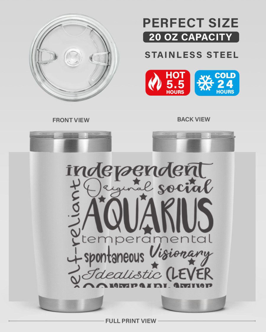 Aquarius 563# Tumbler in stainless steel with a sleek design, featuring a press-in lid and vibrant zodiac print.