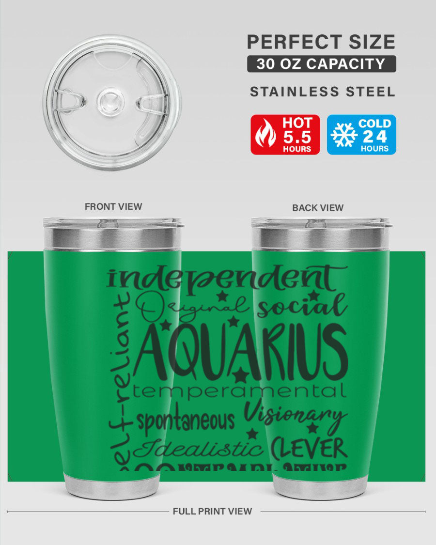 Aquarius 563# Tumbler in stainless steel with a sleek design, featuring a press-in lid and vibrant zodiac print.